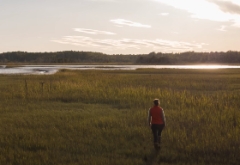 Still image from film of a person walking away from the camera into a marsh
