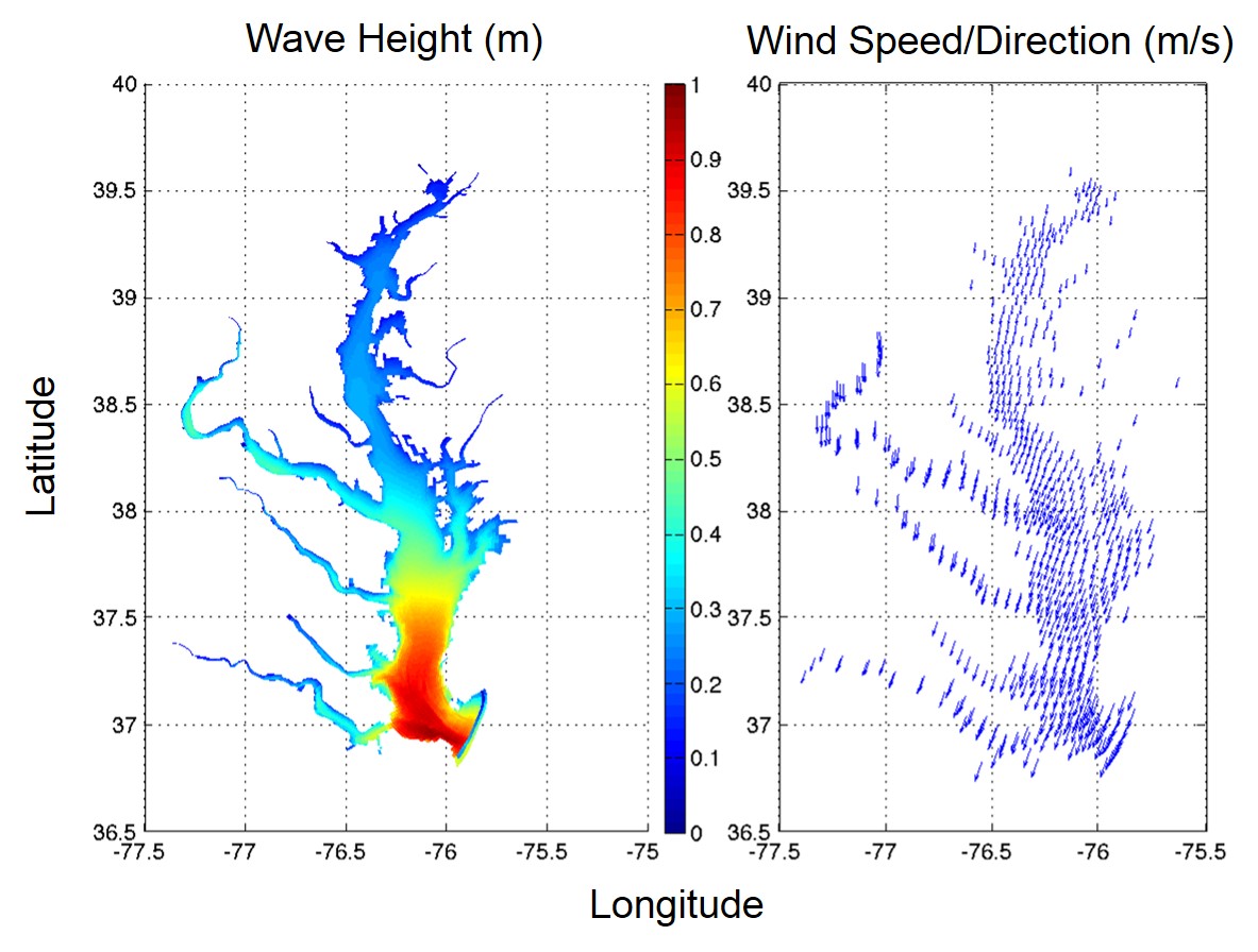 I develop models that simulate mean wave height and wind direction and speed in the Chesapeake Bay. Color scale shows wave height in meters (left). Arrows (right) represent wind speed in meters per second; longer arrows indicate faster speeds. Winds from the northeast push water across the Chesapeake, creating bigger waves in the lower Bay (oranges and reds), which can contribute to high rates of shoreline erosion.