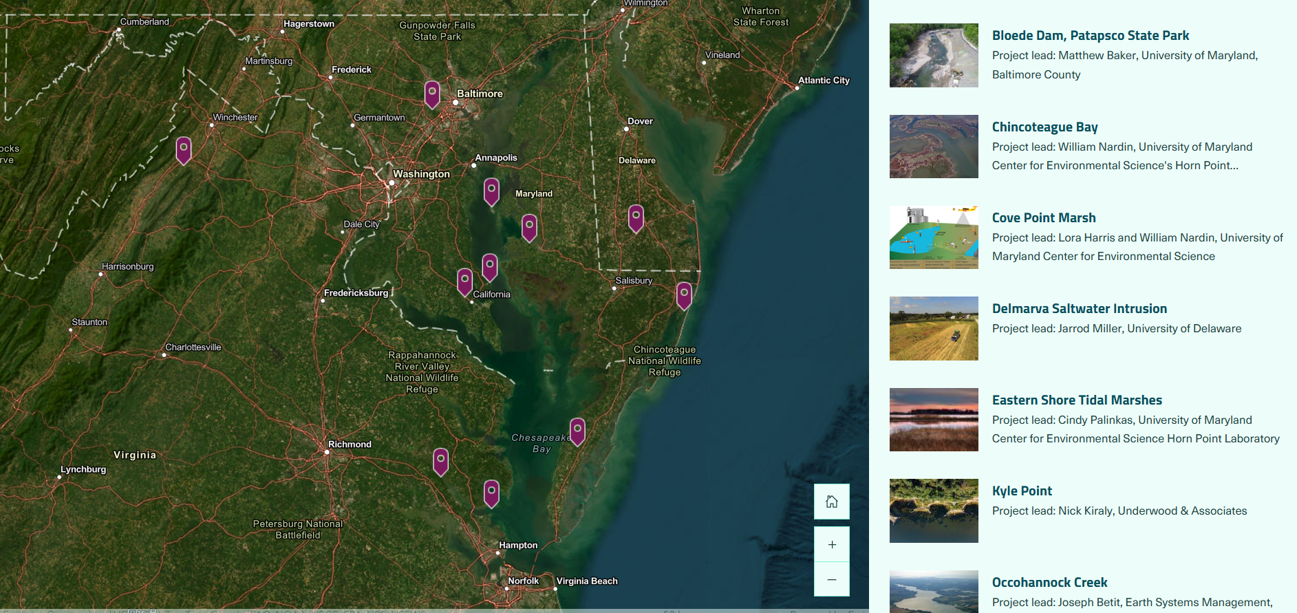 An interactive map shows locations where drones are being used for marsh and coastal projects