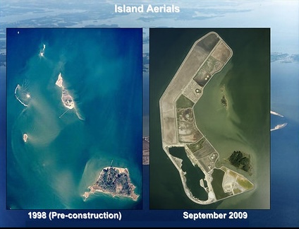 Two maps of an eroded poplar island and a reconstructed poplar island.