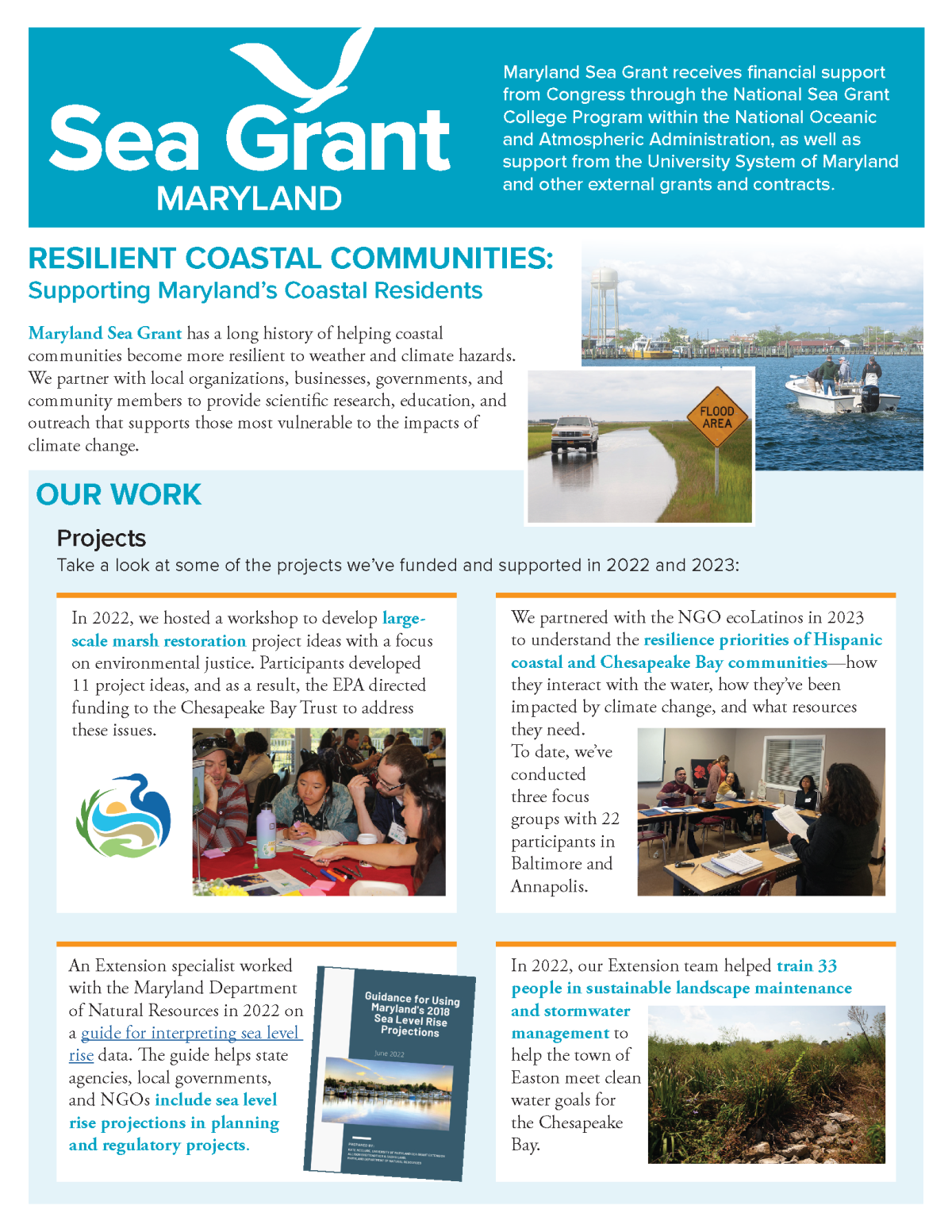 A one-page flyer with photos and information on Maryland Sea Grant's coastal resilience work